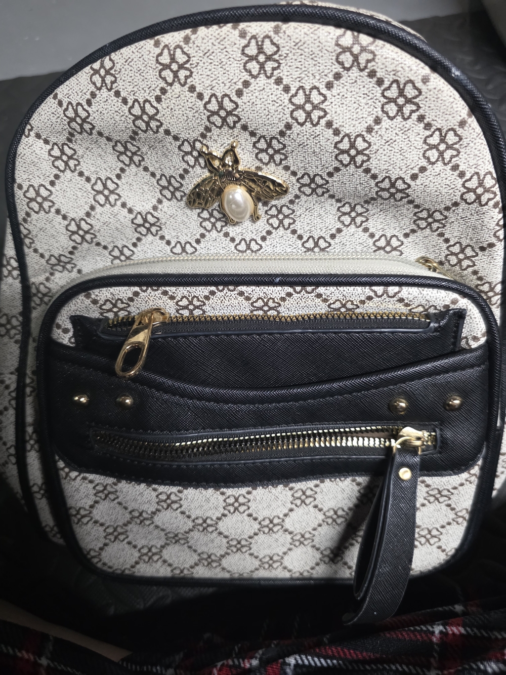 Bee-Embellished Cream and Black Women's Backpack